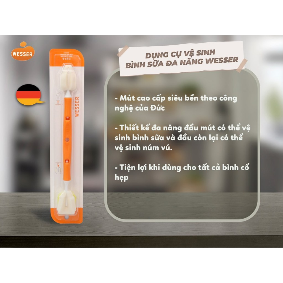 Cọ rửa bình sữa Wesser 2 đầu đa năng, dụng cụ vệ sinh bình sữa, núm ti cao cấp - Hình ảnh 3