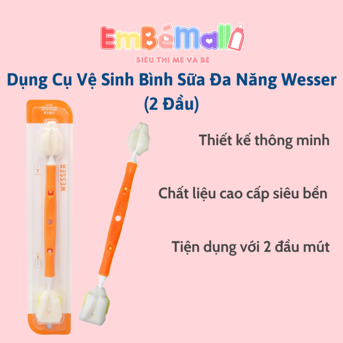 Cọ rửa bình sữa Wesser 2 đầu đa năng, dụng cụ vệ sinh bình sữa, núm ti cao cấp