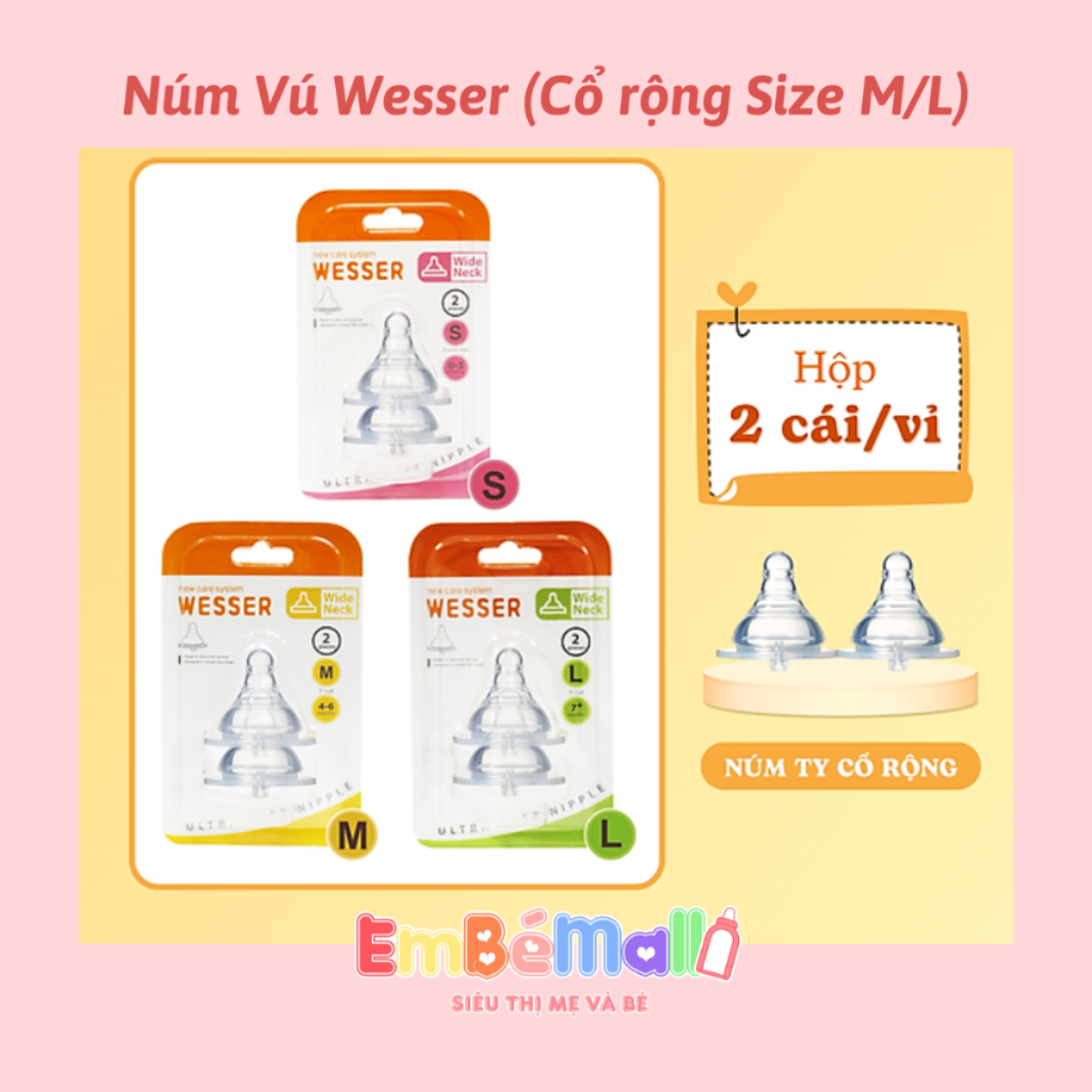 Núm Ty Thay Thế Bình Sữa Wesser Cổ rộng (2 cái/vỉ)
